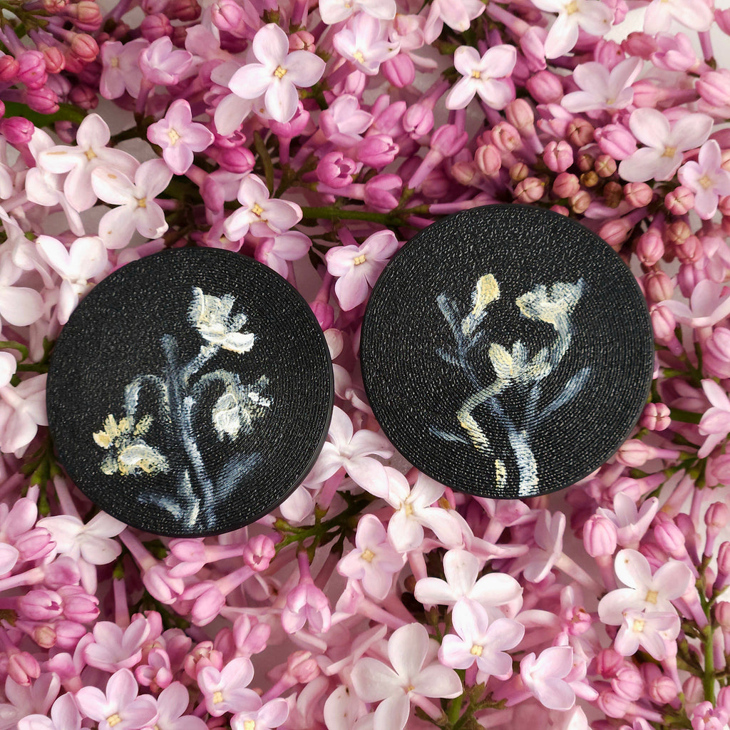 Black neonova.me earrings with floral design handpainted 