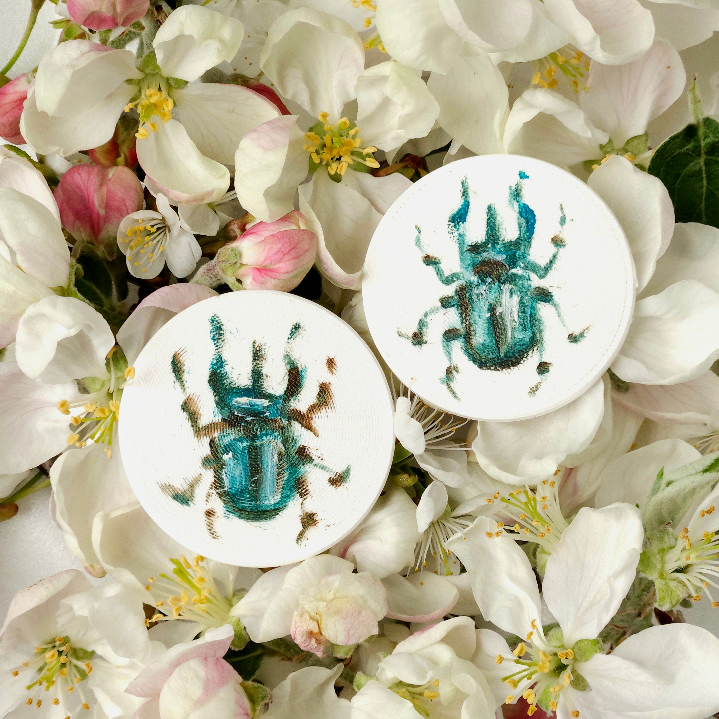 White lightweight earrings with oil painted colorful nature elements - flowers, bugs. 